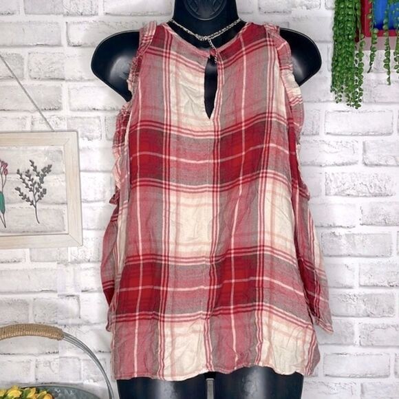 Blue Rain Cold Shoulder Flannel Plaid Shirt Floral Embroidery Size XS - Picture 4 of 6